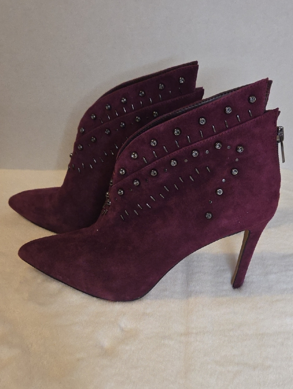 Vince Camuto Plum Suede Studded Pointed-Toe Ankle Boots